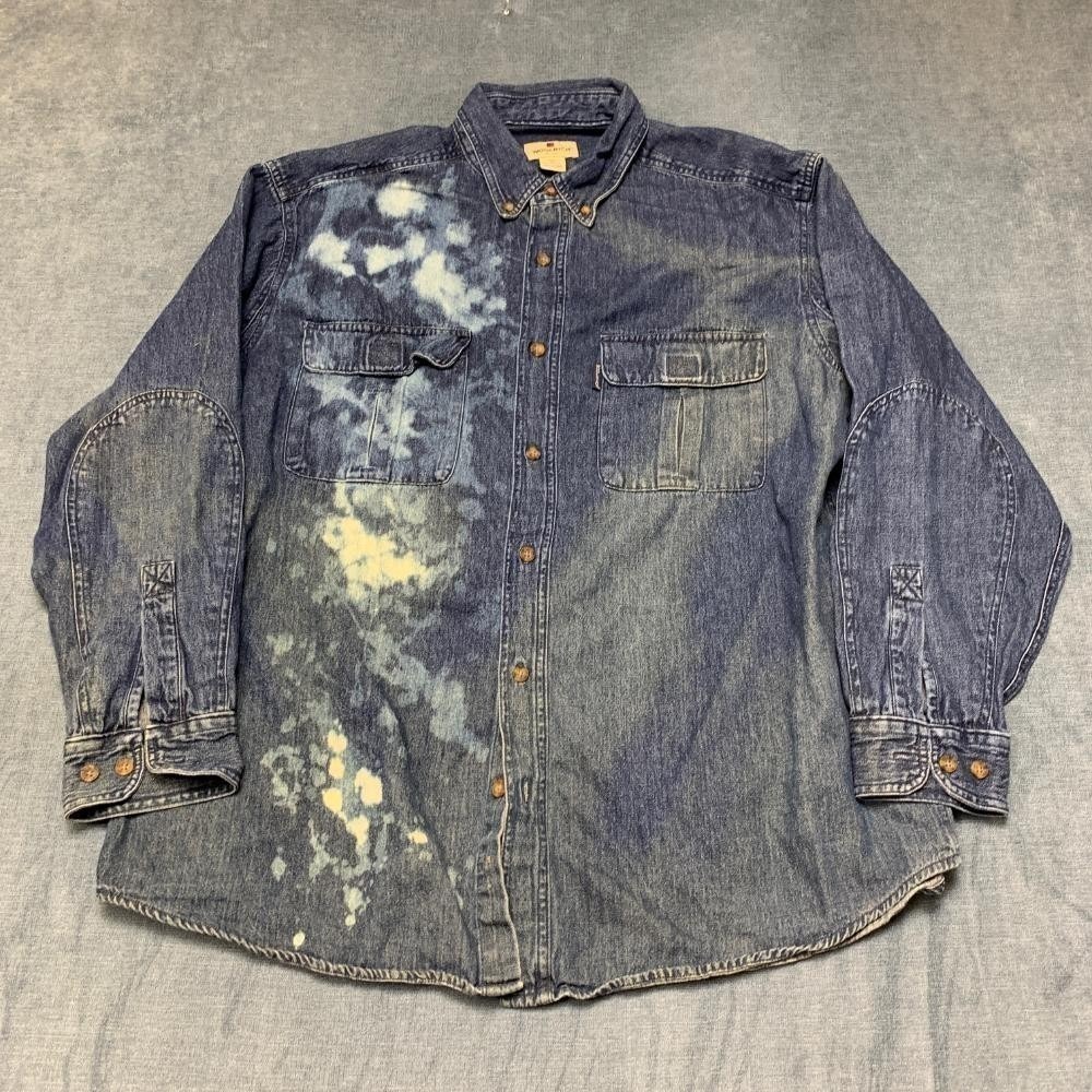 Woolrich Shirt Mens XL Blue Tie Dye Denim Chest Pockets Outdoor Button Down